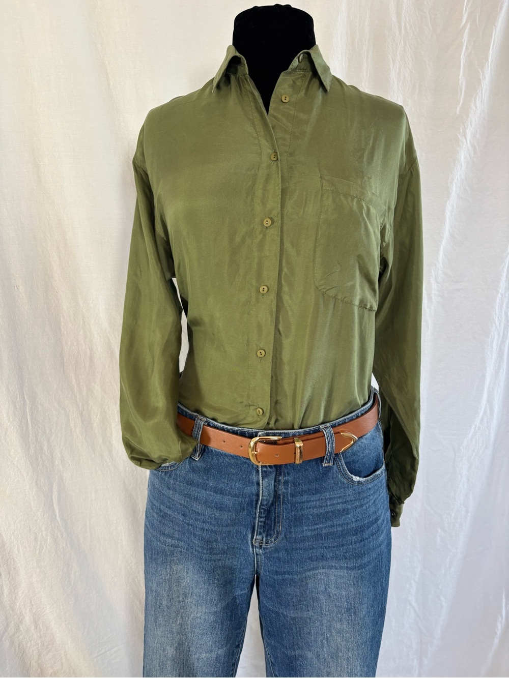 Serenity 100% Silk Olive Green Button-Up Blouse Quiet Luxury Minimalist Capsule